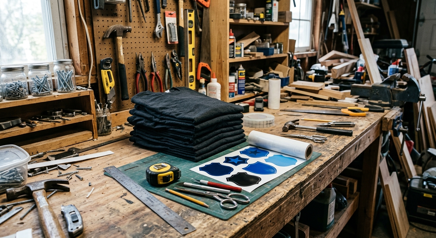 a cluttered wooden craftsman's workbench in a modest garage workshop, featuring a stack of plain dark t-shirts and freshly cut vinyl badge-shaped decals in shad
