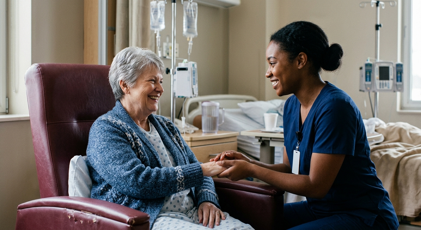 an older female patient sitting in a hospital room chair, smiling warmly as a younger female healthcare worker in scrubs gently holds her hand, typical medical