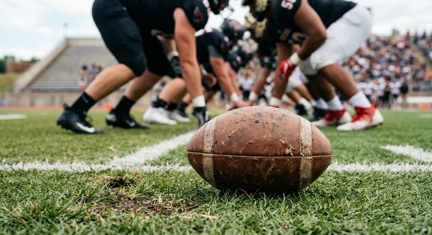 a worn leather American football resting on the green grass of a college stadium turf, with the blurred cleats and legs of athletes lined up at the line of scri