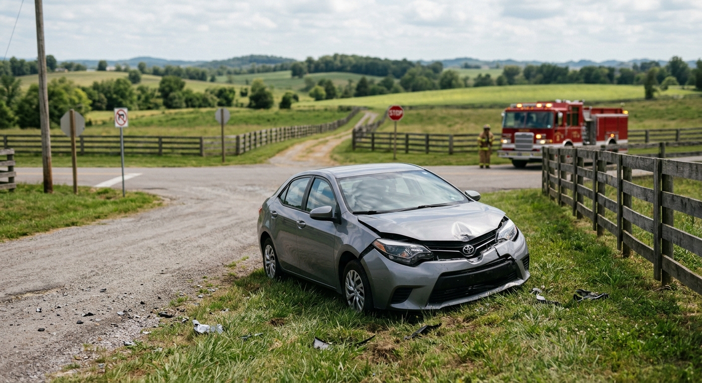 a car with moderate front-end damage resting on the grassy shoulder of a rural two-lane intersection, with an out-of-focus fire engine in the background, set ag