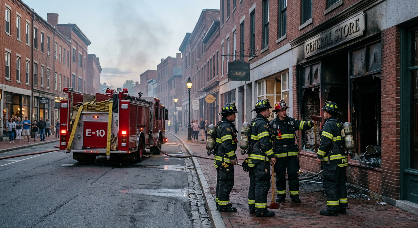 a generic red fire engine parked on a historic downtown street lined with older brick buildings, firefighters in heavy turnout gear assessing a slightly charred