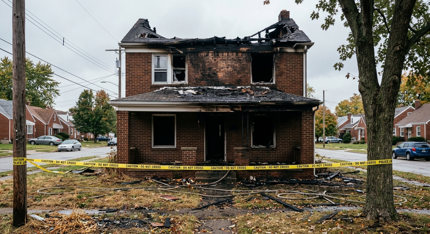 the charred, fire-damaged roofline and blackened exterior brick of an older residential building, yellow caution tape strung across the front yard, typical subu