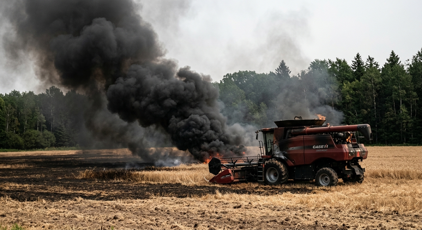 thick black smoke billowing from a rural agricultural field near a wooded tree line, with a partially charred farming combine parked in the dry crops, set again