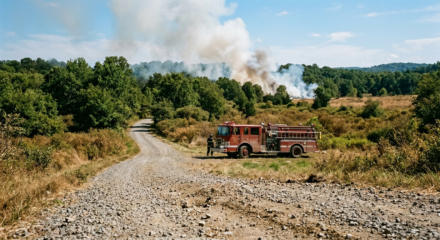 a rural gravel road in the countryside with a parked red fire engine, thick white smoke rising from a field in the distance, surrounded by green trees and dry b