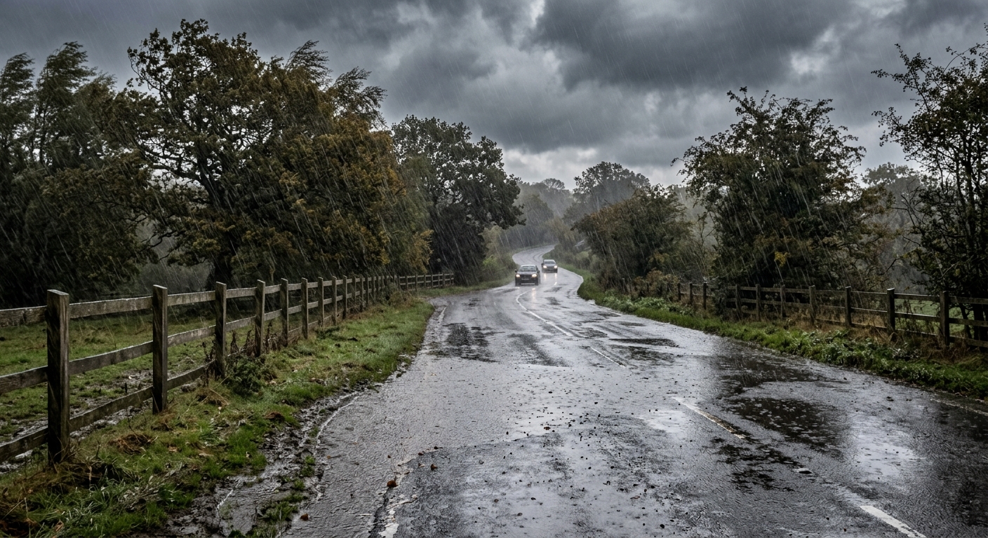 heavy rain falling on a rural two-lane road lined with wooden fences and wind-blown oak trees, large puddles forming on the wet asphalt beneath dark overcast st