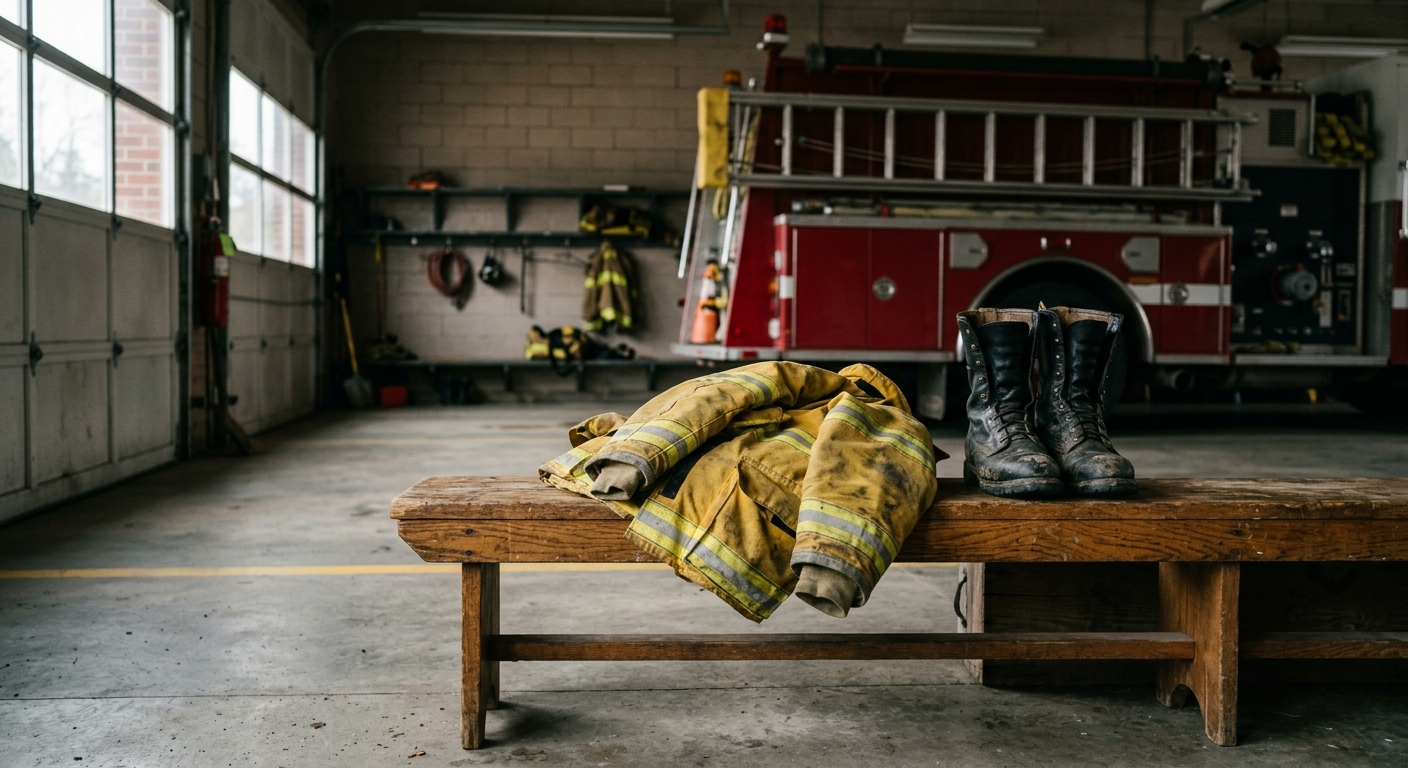a heavy yellow turnout coat and black firefighter boots resting on a wooden bench inside a quiet, utilitarian fire station garage, a red fire engine partially v