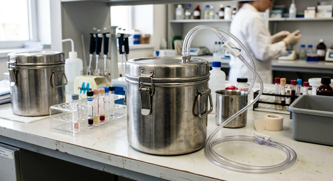 a sterile stainless steel medical transport cooler connected to clear medical tubing, resting on a clinical table inside a standard hospital laboratory, natural