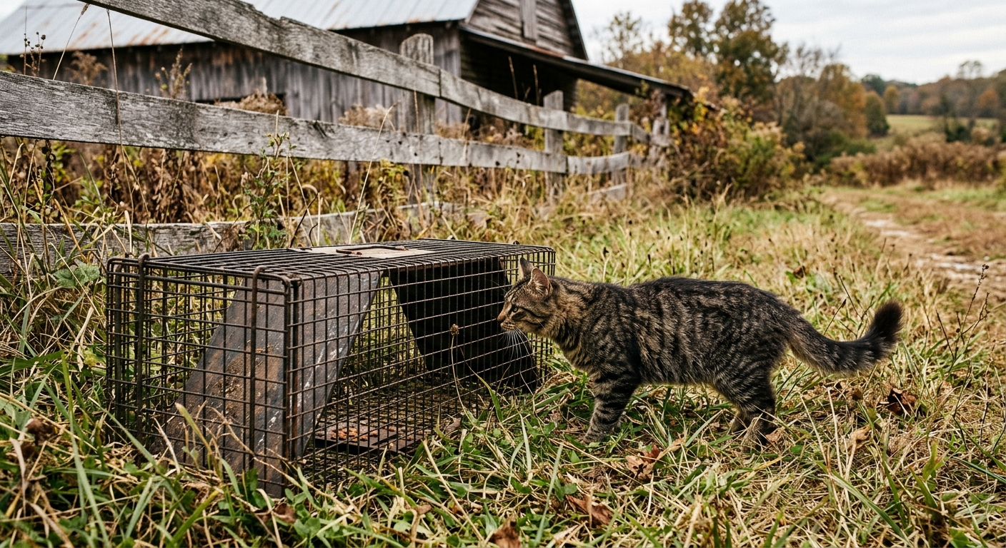 a stray tabby cat cautiously sniffing a humane wire animal trap placed on overgrown grass near a weathered wooden barn fence, rural mid-southern US landscape, n