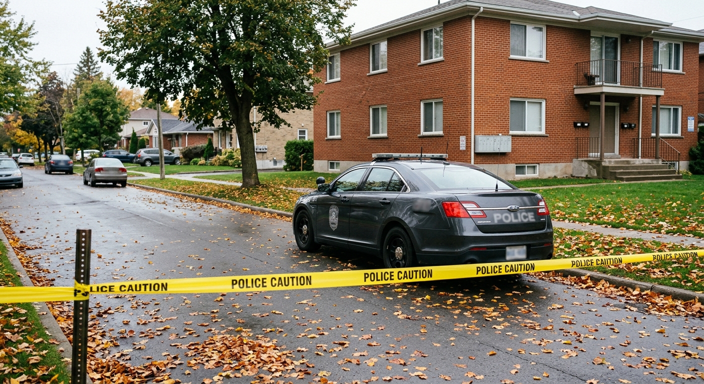 a generic police cruiser parked outside a typical two-story brick apartment building on a quiet suburban street, yellow police caution tape stretched across the