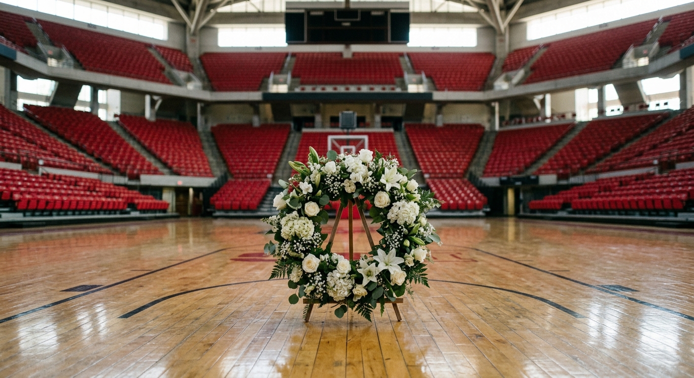 a simple floral memorial wreath resting on the polished hardwood floor of an empty college basketball arena, with softly blurred rows of red stadium seating in