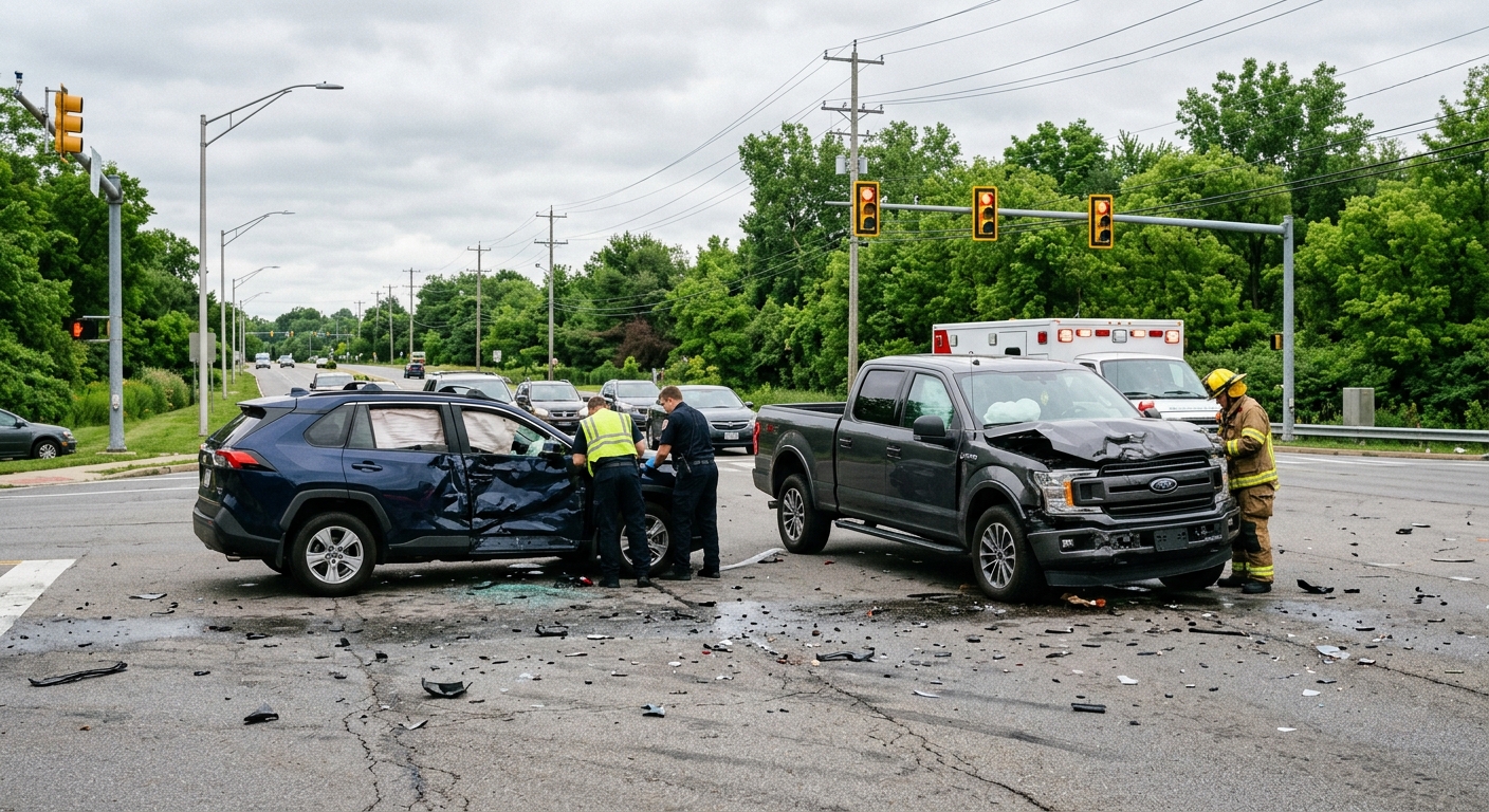 a traffic collision at a suburban highway intersection featuring a damaged pickup truck and an SUV, with emergency responders standing near the vehicles, surrou