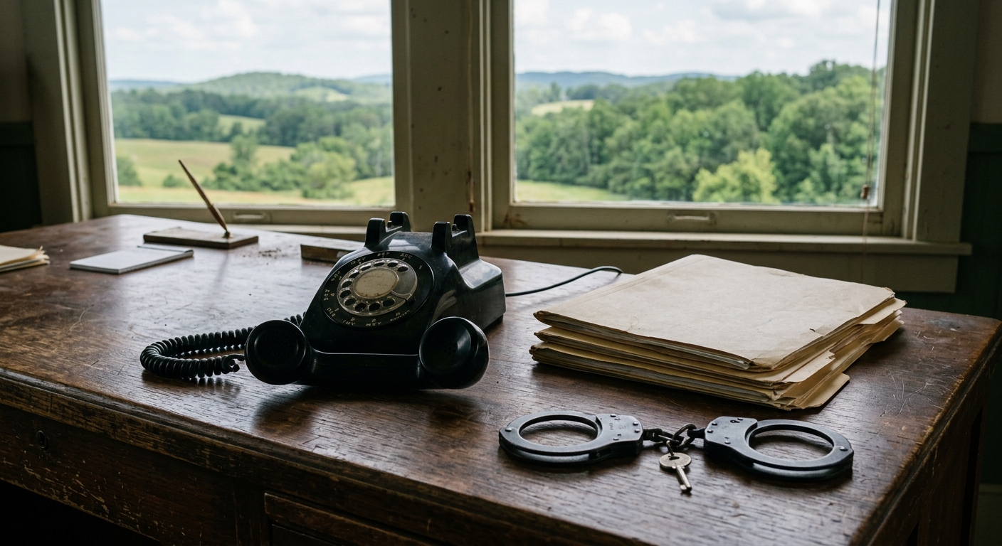 a black landline telephone receiver off its hook next to plain manila folders and a pair of steel handcuffs on a heavy wooden desk, with a window in the backgro