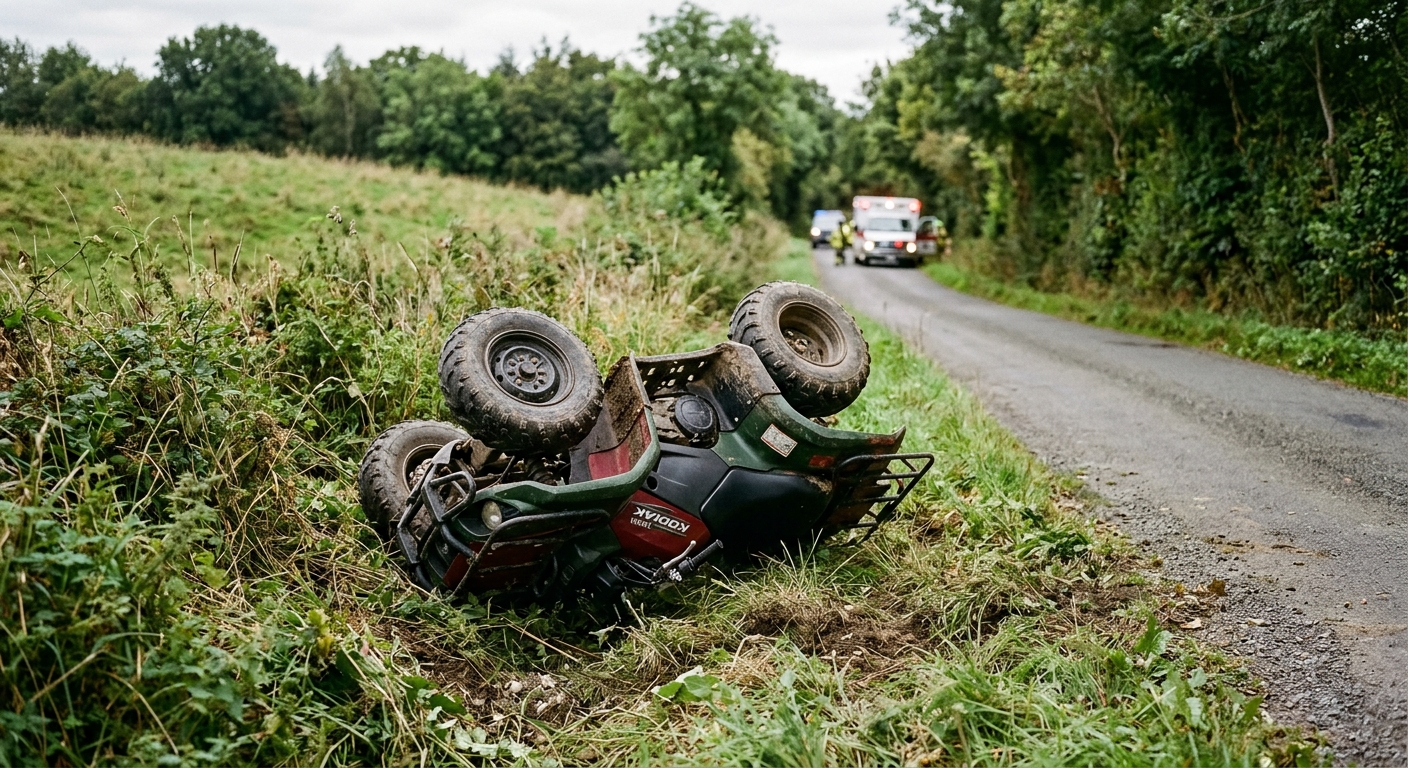 an overturned four-wheeler ATV resting in a grassy ditch beside a narrow, tree-lined rural country road, a blurred emergency vehicle in the background, natural