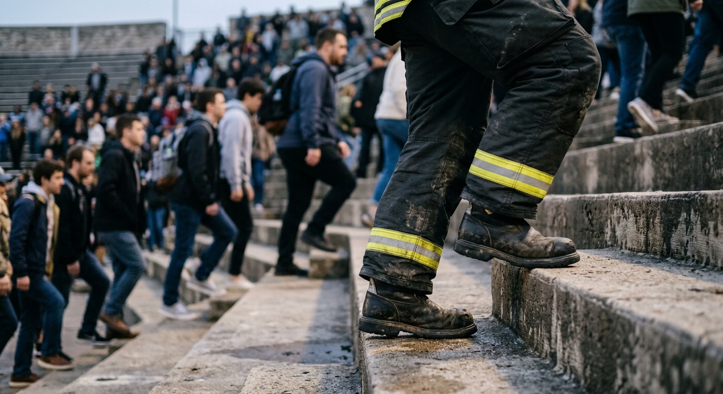the heavy boots and turnout gear of a firefighter stepping up a flight of concrete stadium bleachers in the early evening, with a blurred background showing eve