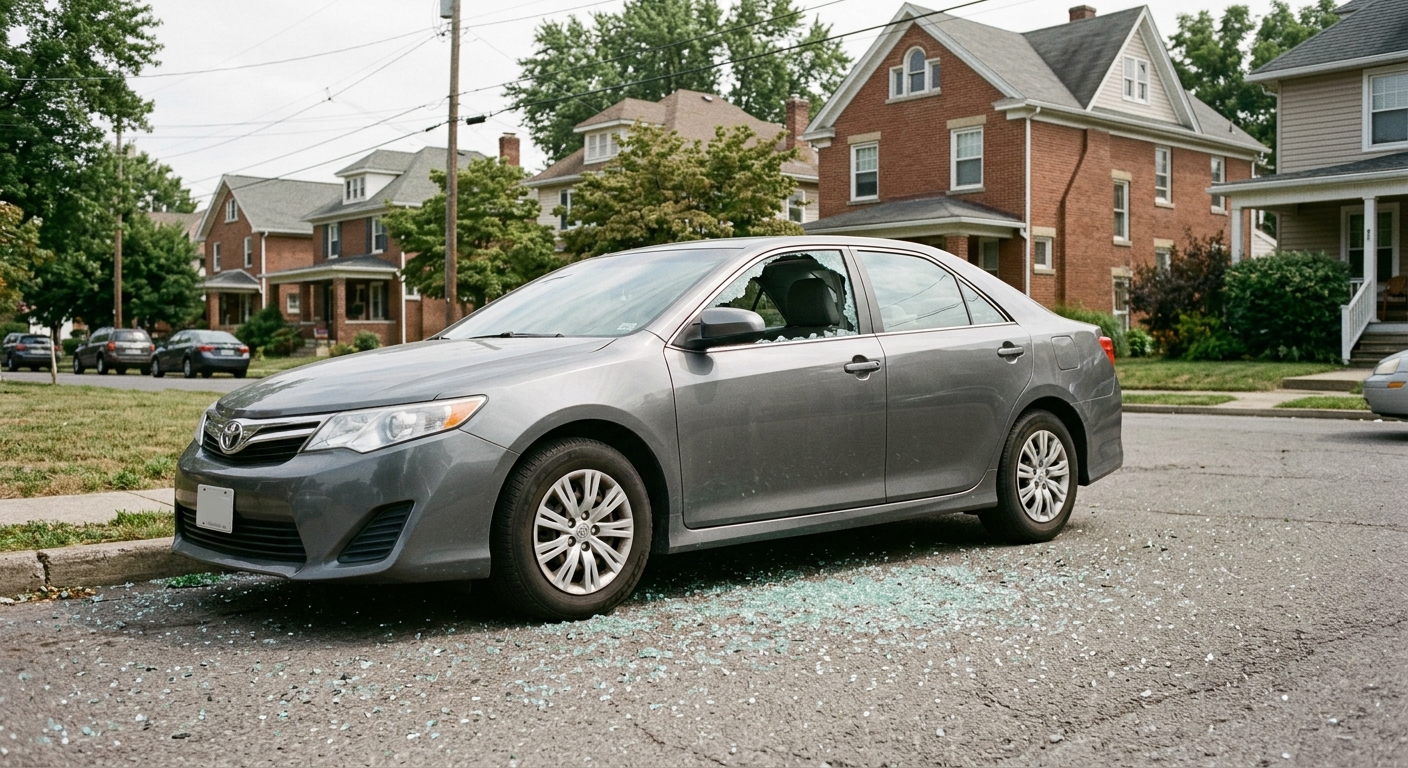 a parked sedan with a completely shattered side window on a quiet, modest small-town street, pieces of broken safety glass scattered on the asphalt alongside th