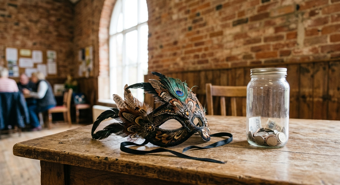 a feather masquerade mask resting on a rustic oak table inside a local community hall with exposed brick walls, next to a plain glass donation jar, natural ever