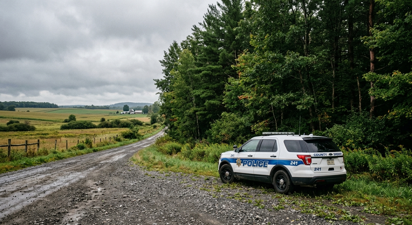 a local police cruiser parked on a gravel shoulder next to dense woods and rural fields in a small town, overcast sky, natural everyday lighting, shot on a DSLR