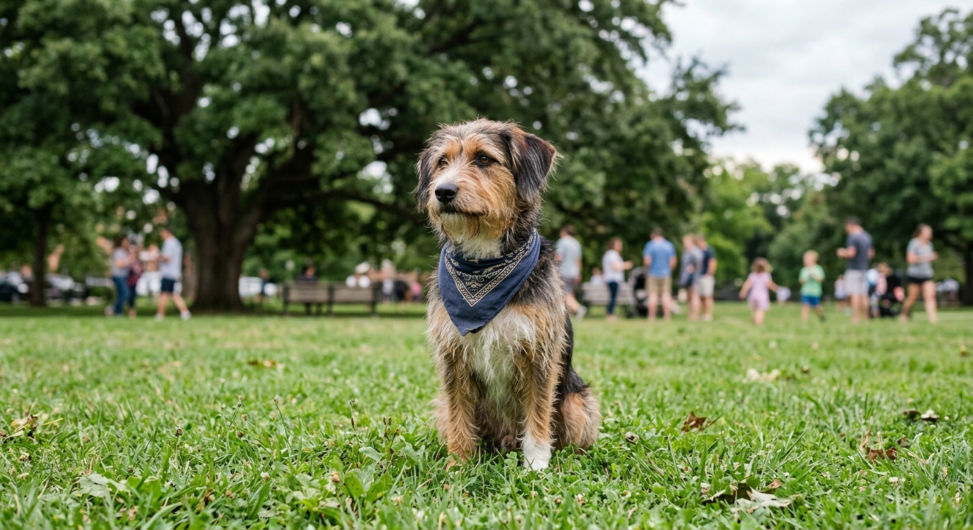 a mixed-breed dog wearing a simple fabric bandana sitting calmly on green grass at a local community park, blurred figures of people gathering in the background