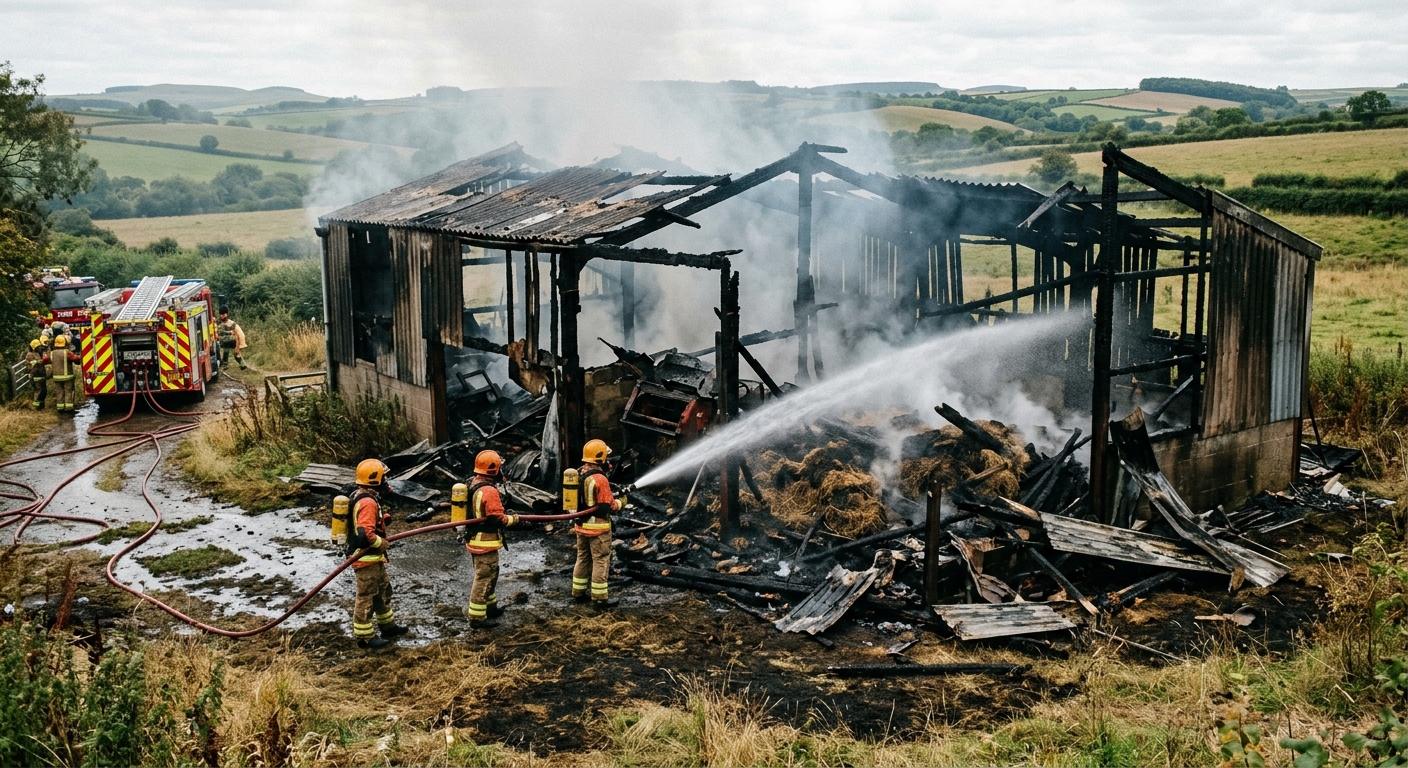 the charred, smoking remains of a wooden agricultural barn in a grassy rural field, with local firefighters in turnout gear spraying water onto the smoldering d