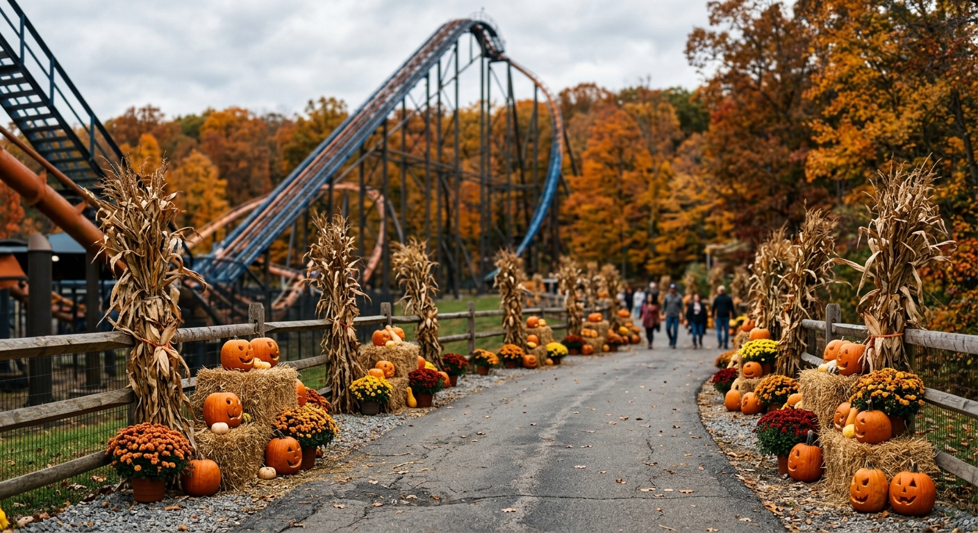 an amusement park pathway decorated for autumn, featuring scattered straw bales, dried cornstalks, potted mums, and unlit carved pumpkins along a rustic wooden