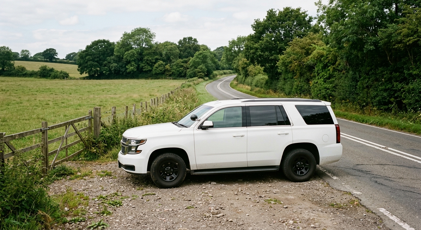 an unmarked white law enforcement SUV parked on a gravel shoulder along a rural two-lane country road bordered by wooden fences and trees, natural everyday ligh