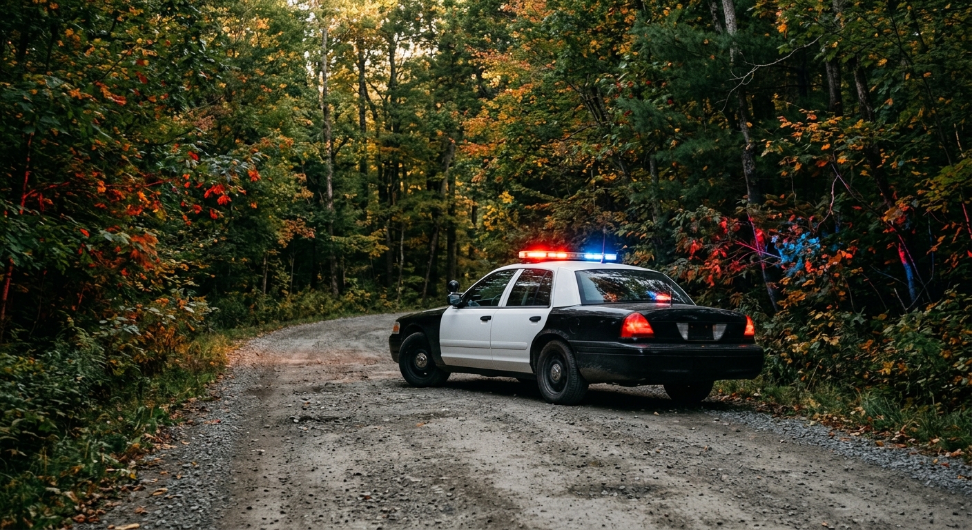 a generic police cruiser parked on a rural gravel road bordered by dense trees in the late afternoon, red and blue emergency lights reflecting off the surroundi