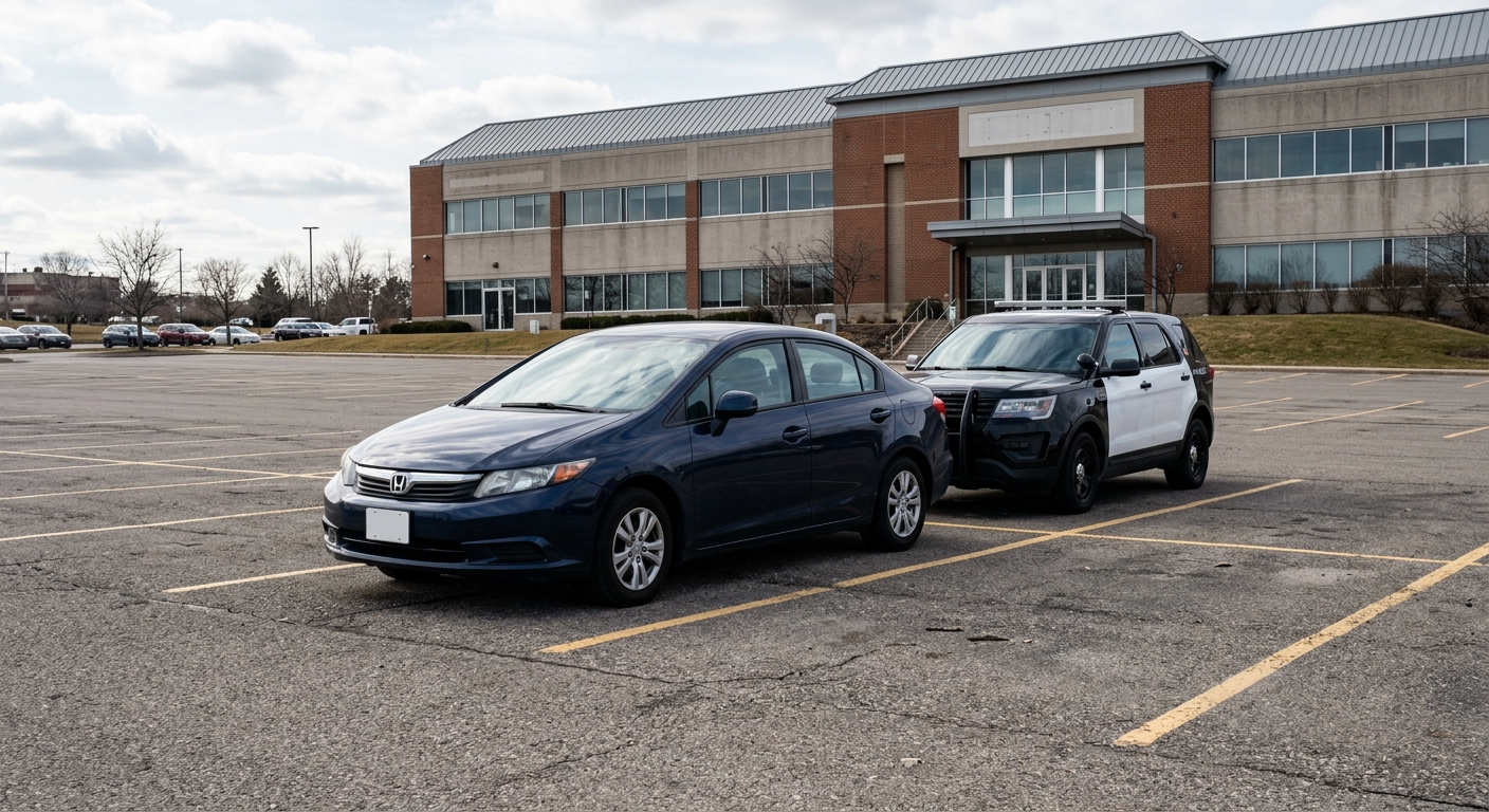 an empty dark sedan parked in a large asphalt parking lot outside a commercial building, with a police cruiser parked directly behind it, natural everyday light