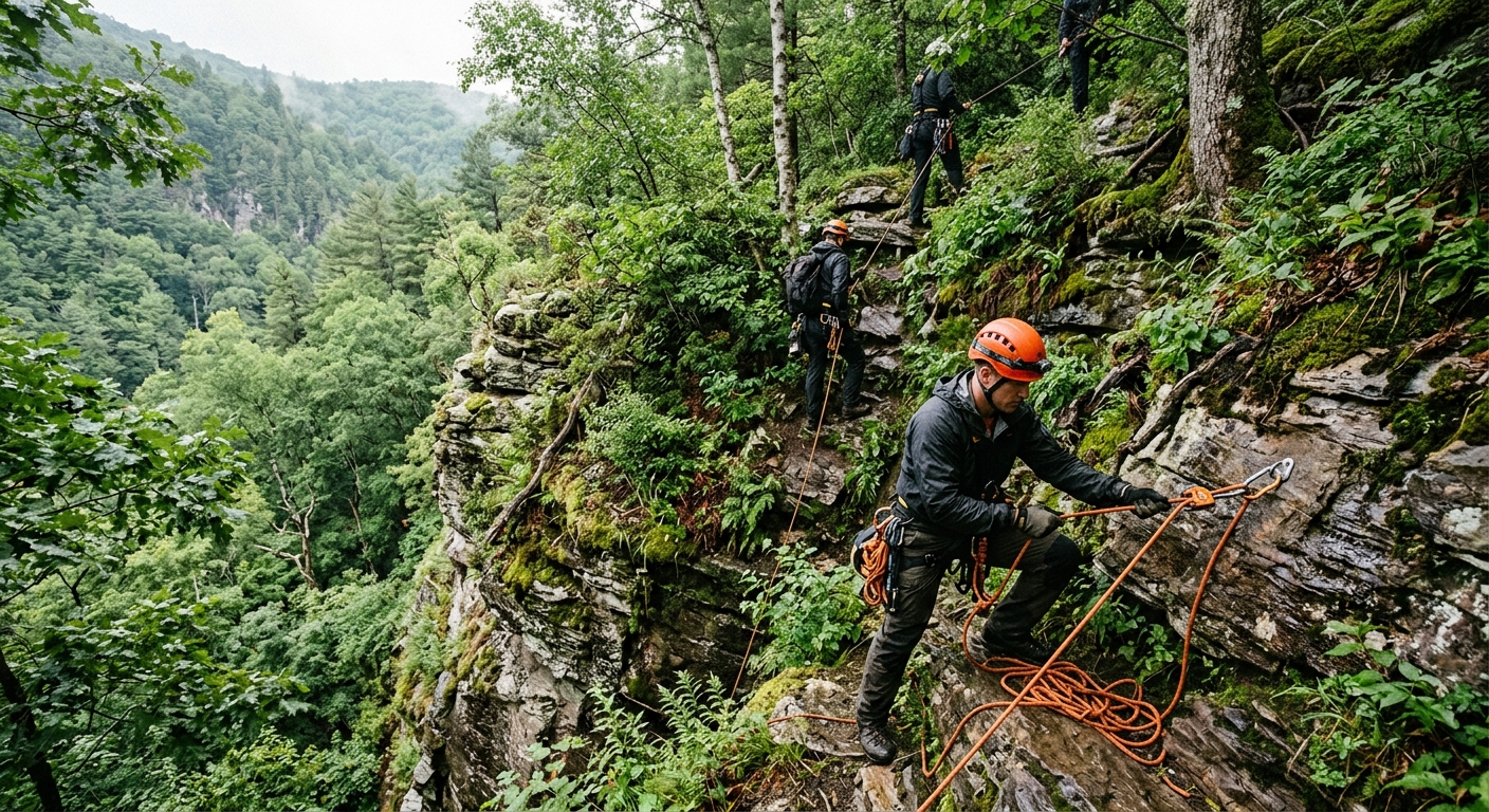 search and rescue personnel in climbing harnesses securing thick safety ropes along a steep, terraced rock cliff covered in dense green vegetation in a rugged A