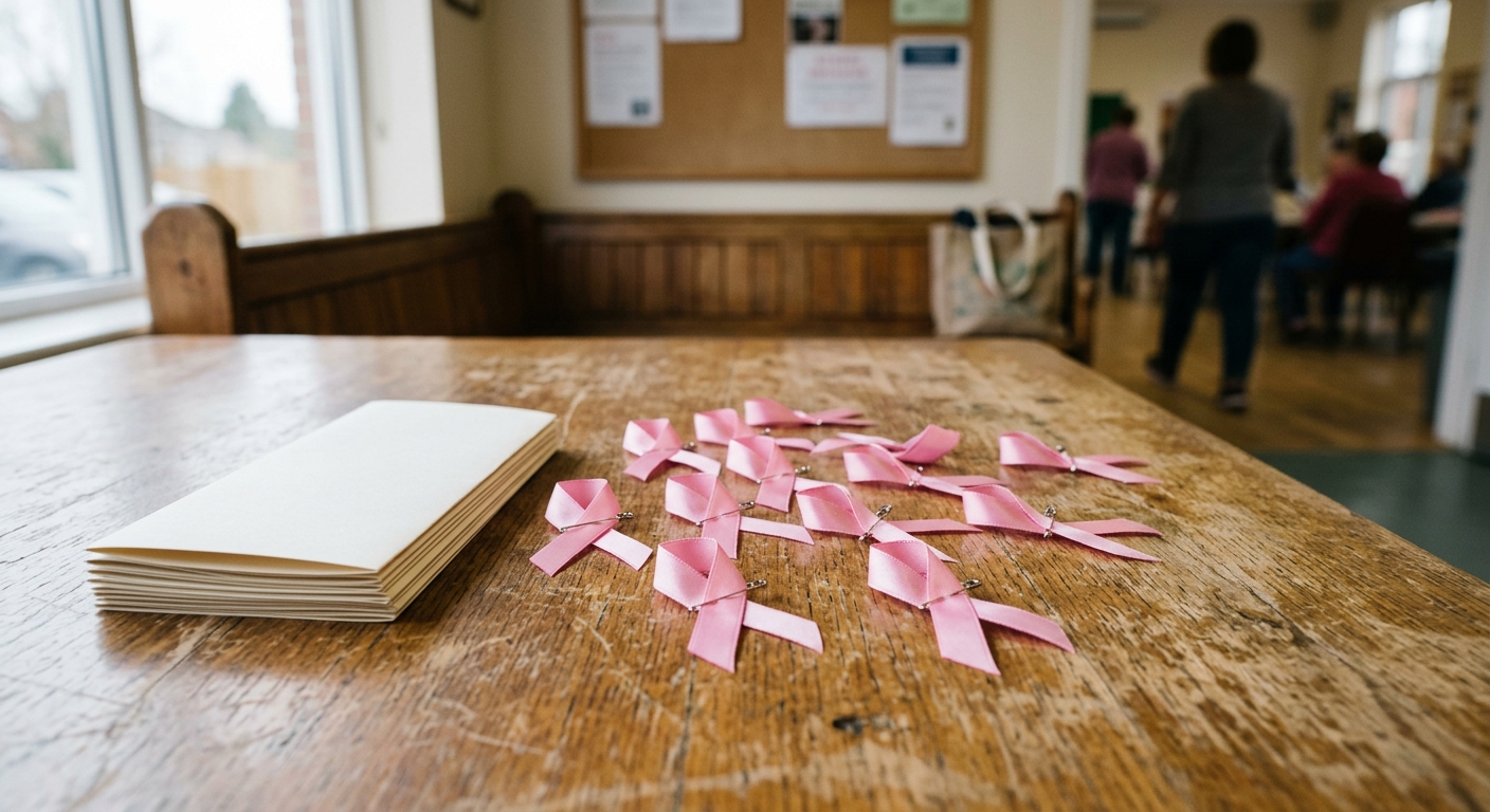 several pink fabric awareness ribbons scattered on a worn oak table next to a stack of blank brochures in a local community center, natural everyday lighting, s