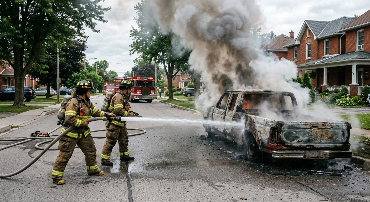 firefighters in heavy protective gear aiming water hoses at a heavily damaged pickup truck emitting thick smoke on a small-town residential street with brick ho