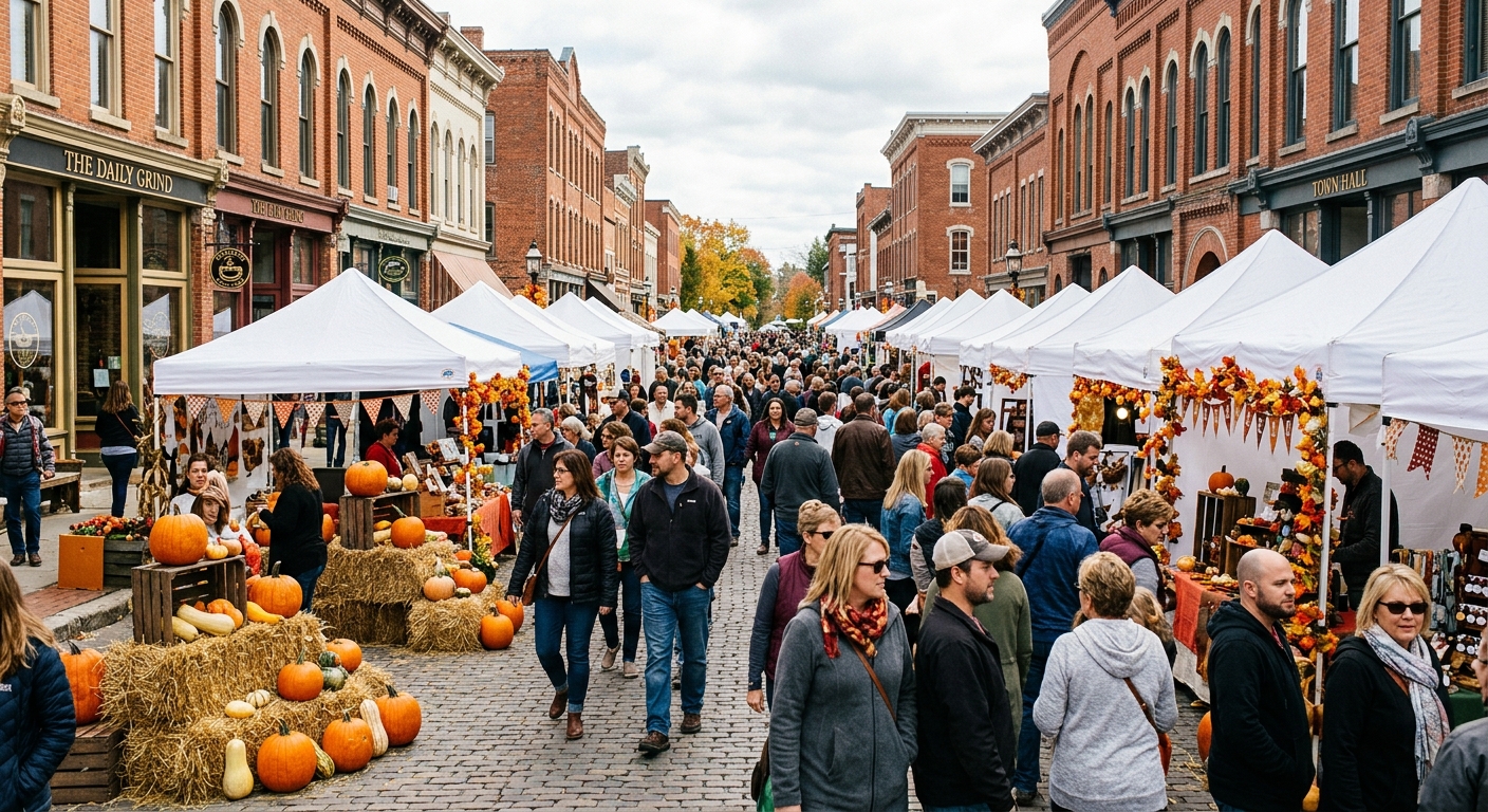 a bustling autumn street festival in a historic downtown area with brick storefronts, featuring white pop-up vendor tents and large orange pumpkins resting on h