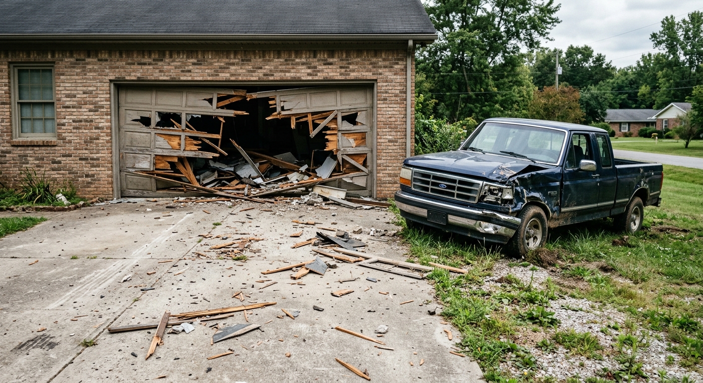 a shattered garage door of a brick residential home in a rural neighborhood, with wooden splinters and debris scattered across the concrete driveway, and a heav