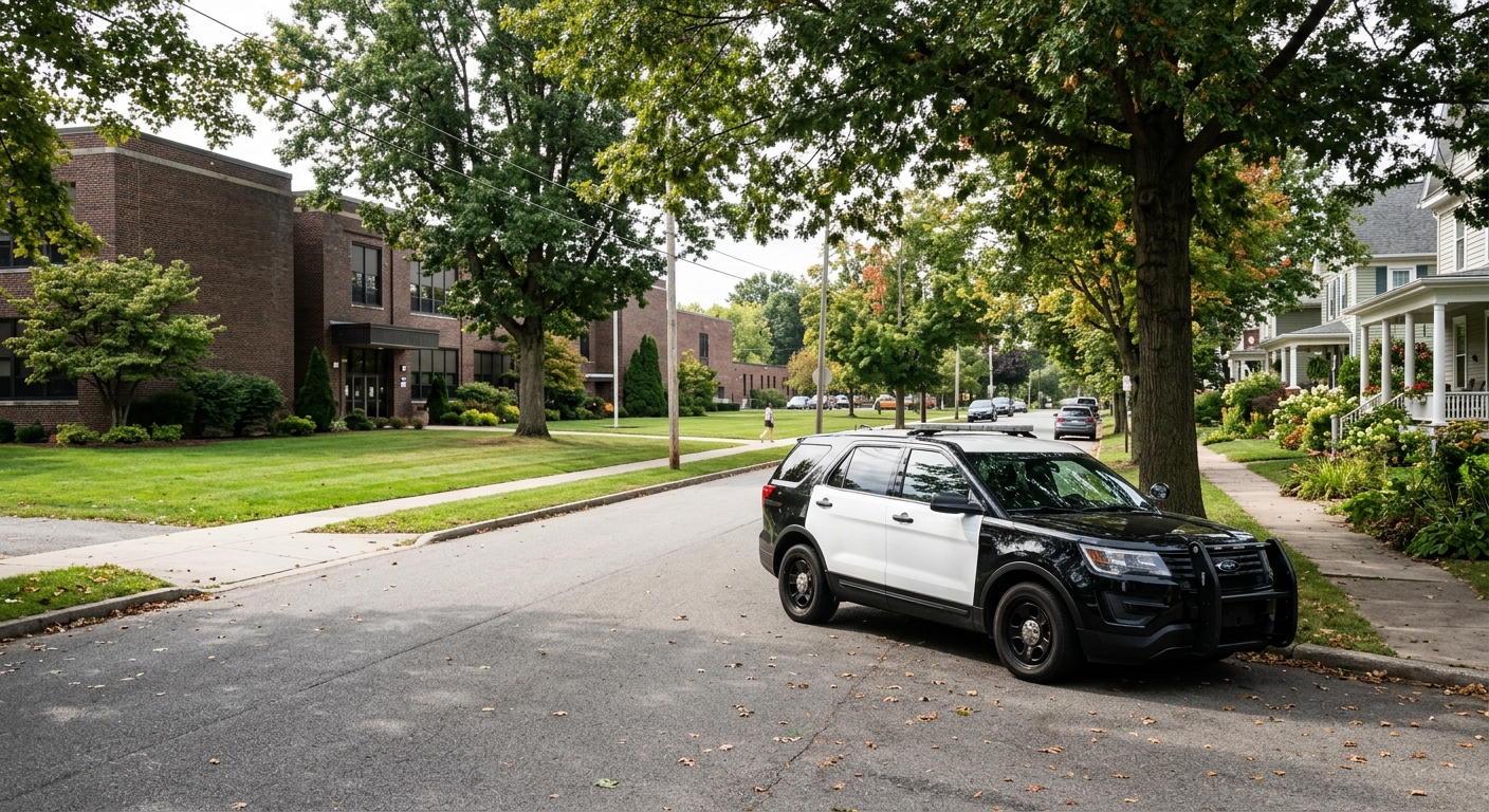 a local sheriff's patrol vehicle parked on a quiet, tree-lined residential street across from the brick exterior and lawn of a community high school in a small