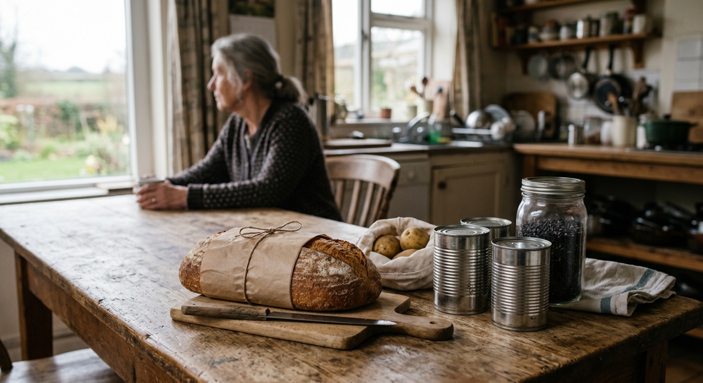 a sparse collection of unbranded groceries, including a loaf of bread and a few plain canned goods, sitting on a worn wooden kitchen table inside a modest rural