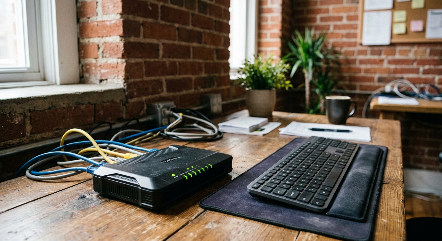 a black network router with glowing green indicator lights and plugged-in ethernet cables sitting next to a computer keyboard on a wooden desk inside a small br