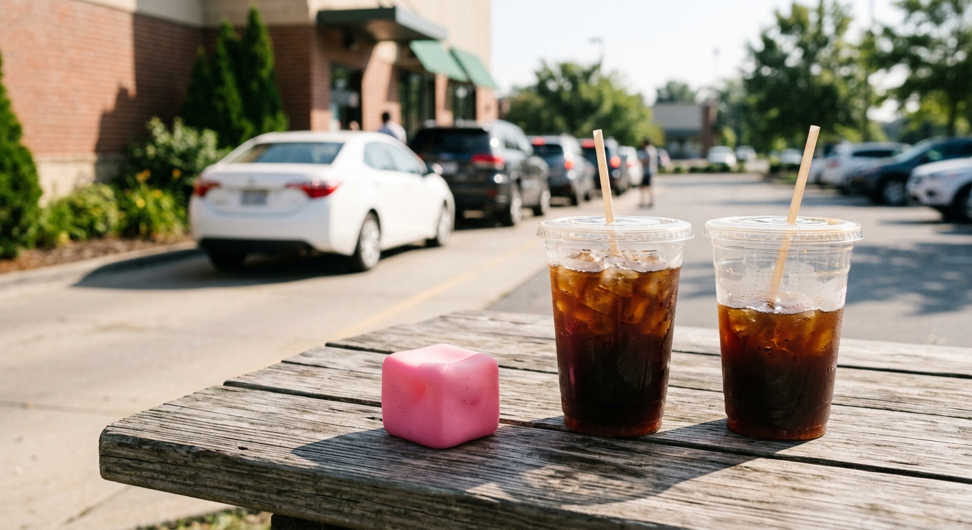 a small pink squishy cube toy sitting next to two clear plastic iced coffee cups on an outdoor wooden table, with blurred cars waiting in a drive-thru line in t