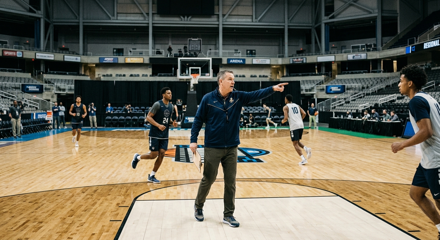 a college basketball coach standing on a hardwood court, pointing and directing players during an indoor practice session in a large regional arena, natural eve