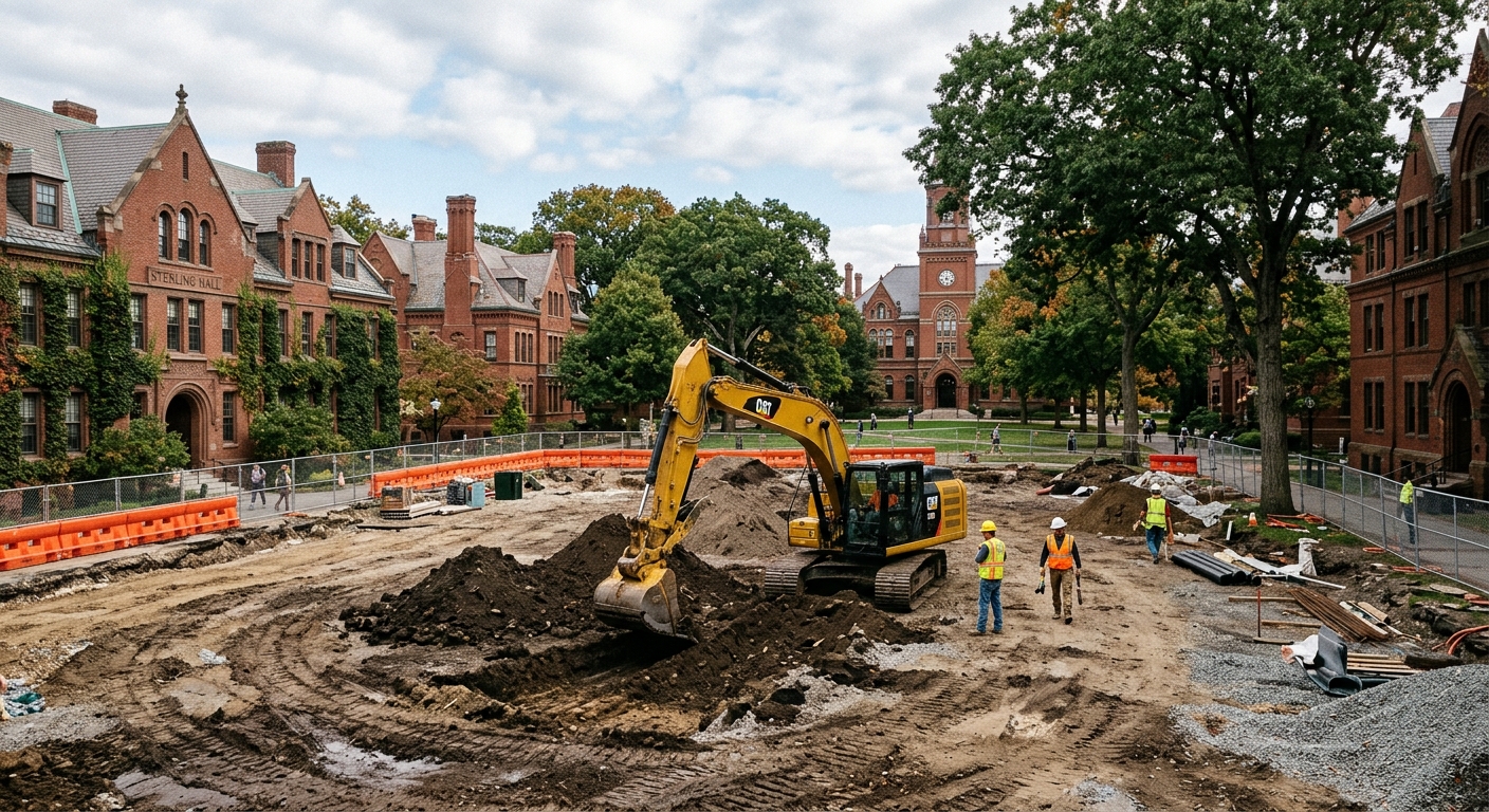 an active construction site on a university campus, featuring turned earth and a yellow excavator, surrounded by traditional red-brick collegiate buildings and