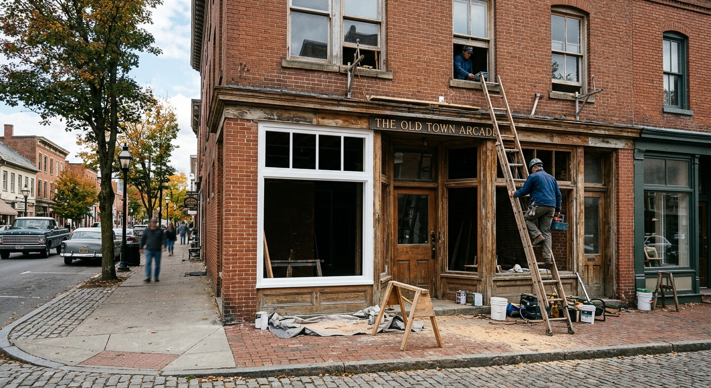 a historic brick storefront along a classic American downtown sidewalk undergoing exterior restoration, featuring a wooden ladder leaning against the building a