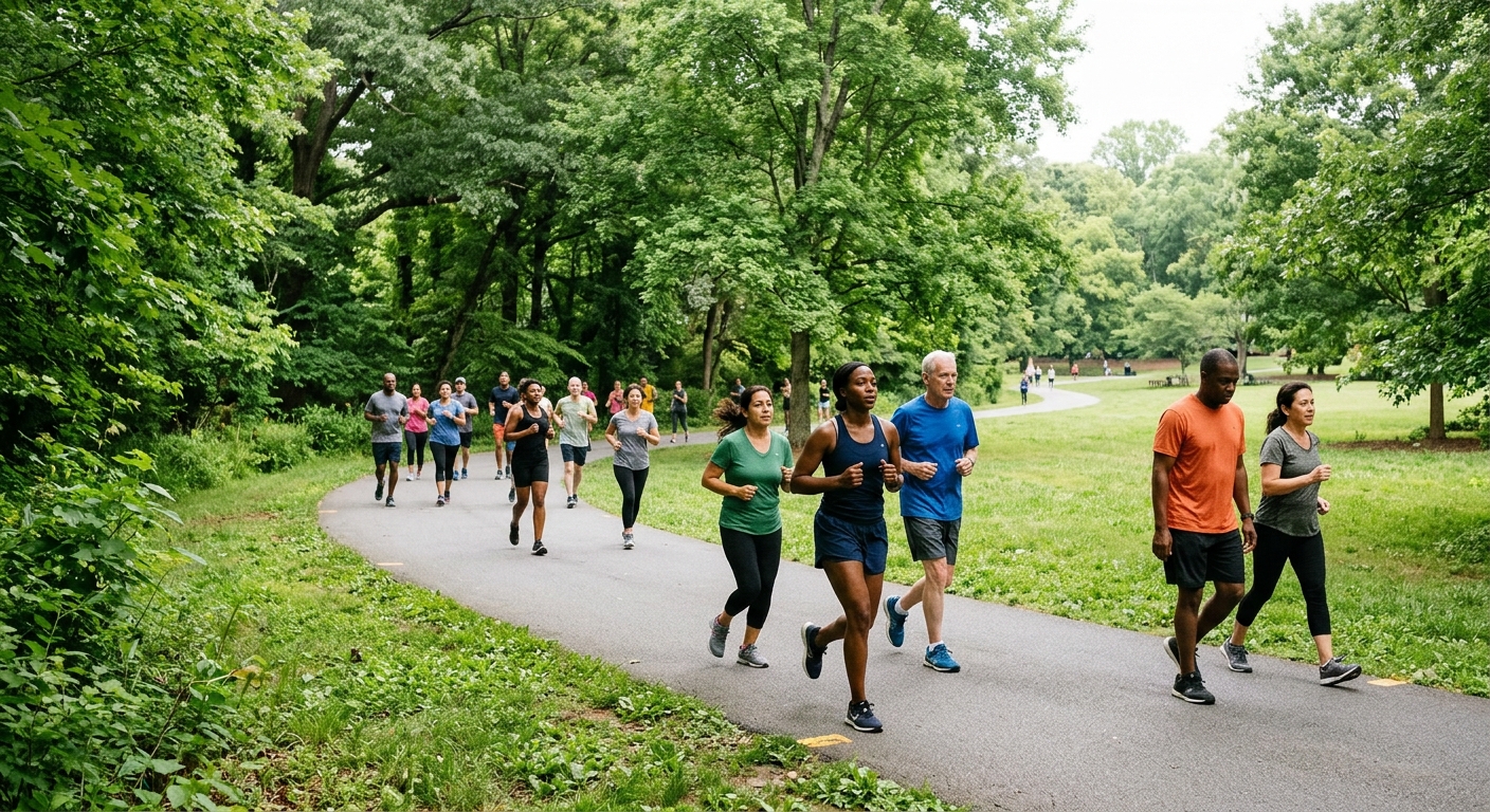 a group of diverse community members in athletic wear participating in a morning run and walk along a paved trail in a lush, grassy public park with large shade