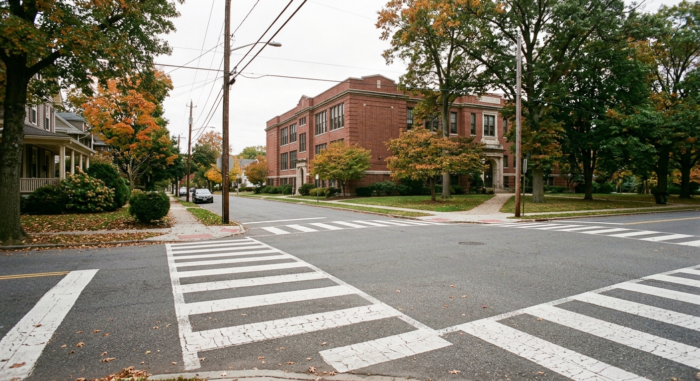 a quiet suburban street corner featuring a painted pedestrian crosswalk, with mature trees and a classic red brick high school building in the background, natur