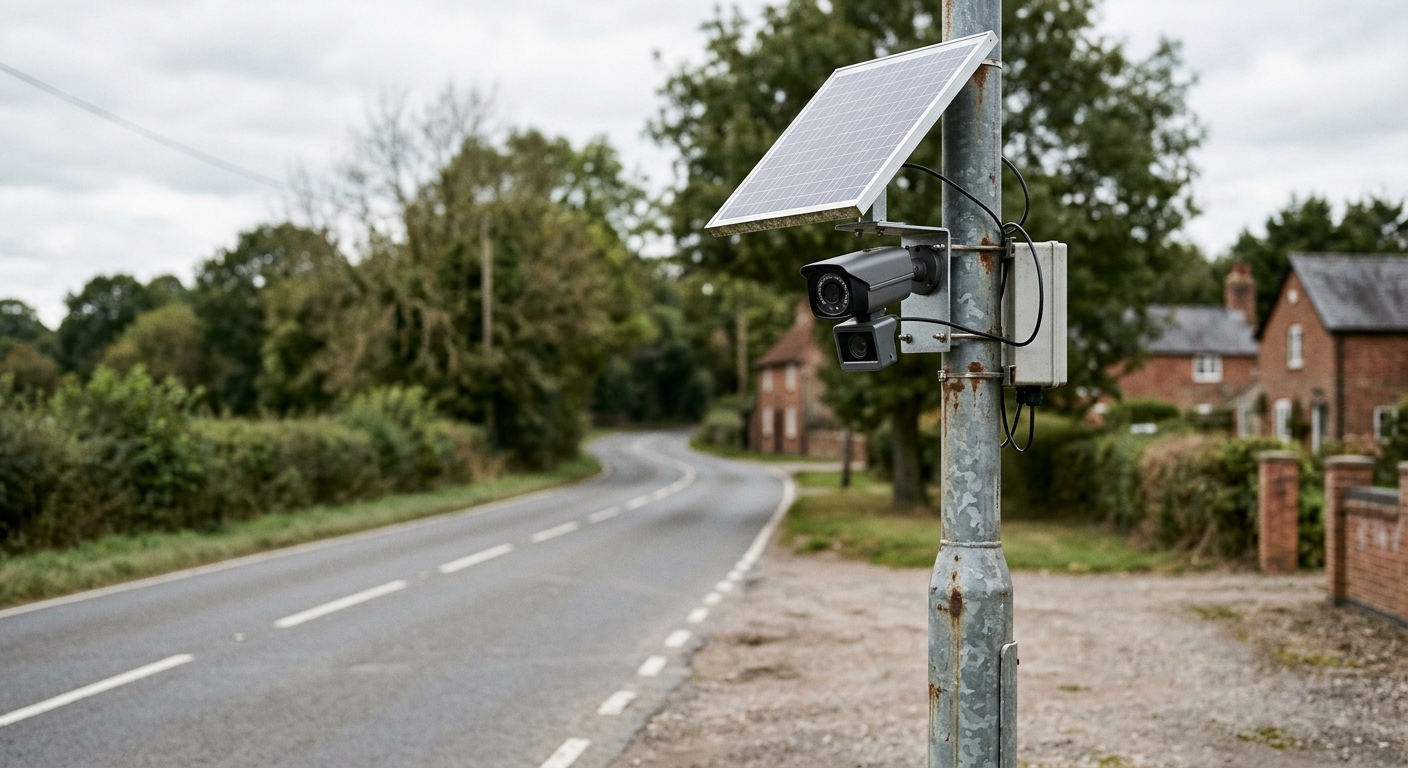 a small solar-powered security camera and license plate reader mounted on a metal utility pole next to a two-lane road, with blurred trees and modest brick buil