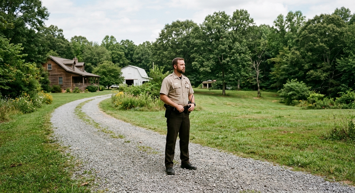 a local sheriff's deputy standing on a gravel driveway near a rural property with a grassy yard and mature trees, observing the area, natural everyday lighting,