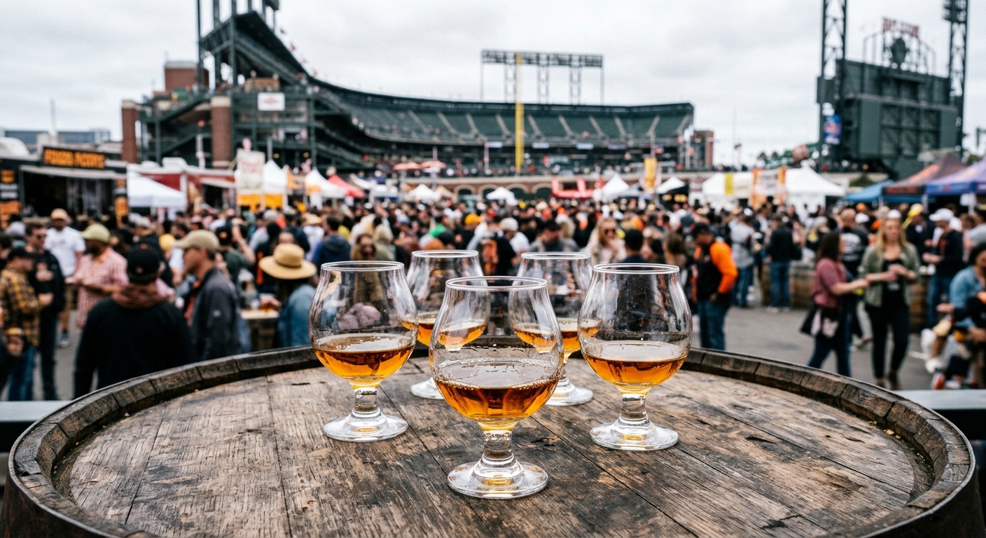 glass tasting snifters filled with amber liquid resting on a rustic wooden barrel table, with an out-of-focus background of people gathering at an outdoor festi