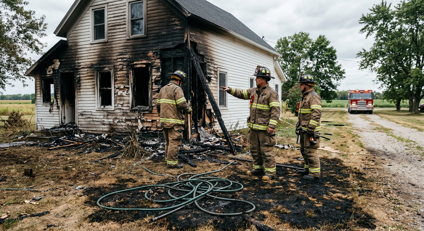 firefighters in turnout gear inspecting the charred exterior siding of a rural residential home, with a burned patch of grass and an abandoned garden hose visib