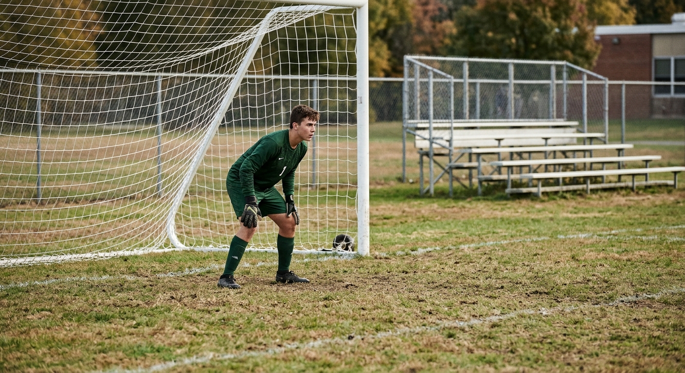 a high school soccer goalkeeper standing in front of a goal net on a worn grass field, focused on an impending penalty kick, with a chain-link fence and modest
