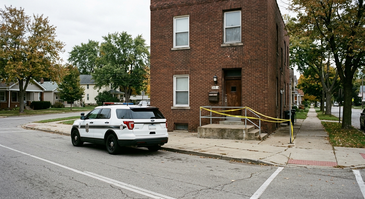 a police cruiser parked outside a modest brick apartment building on a quiet residential street with yellow caution tape near the front entrance, natural everyd