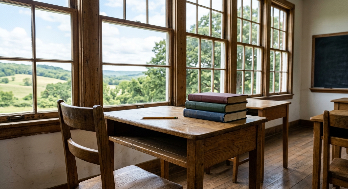 an empty wooden student desk with a stack of closed hardcover textbooks and a yellow pencil, sitting in a sunlit classroom with large windows looking out onto r