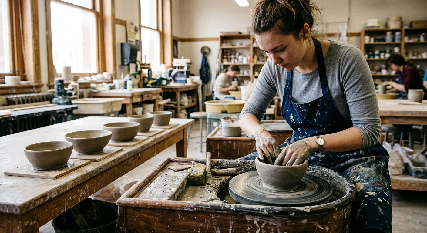hands covered in wet clay shaping a bowl on a spinning pottery wheel in a university art classroom, with a row of newly crafted, unfired ceramic bowls resting o