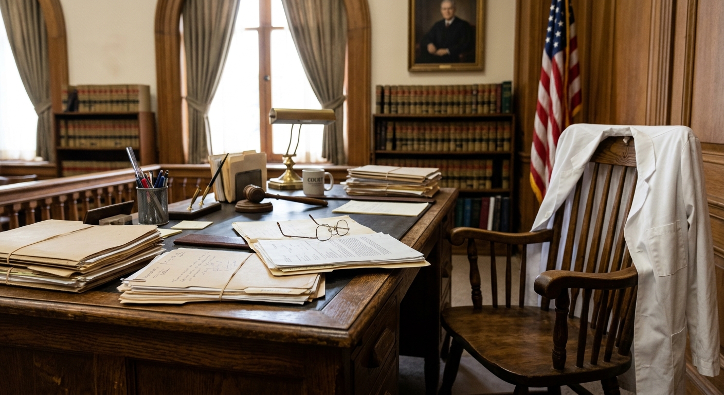 a wooden desk inside a traditional county courthouse featuring scattered manila case files, a pair of eyeglasses, and a white pharmacist's coat draped over the